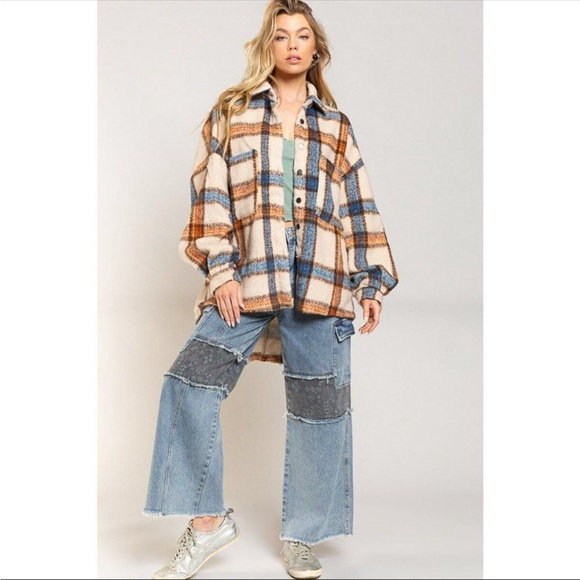 Cream Plaid Shacket Jacket Oversized Relaxed Fit - Picture 6 of 12